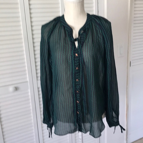 Maeve Tops - Maeve navy and green zigzag pattern blouse, sheer material metal buttons size S